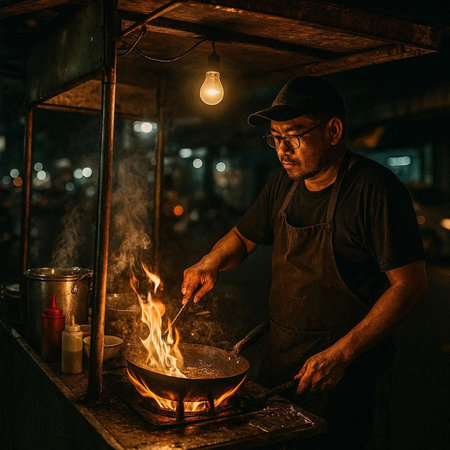 Thai street food vendor making a wok at night, Thailand.