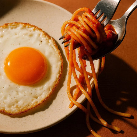 Spaghetti with tomato sauce and fried egg on a white plate.