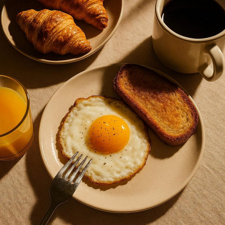 Breakfast with coffee, croissants and fried egg on a plate