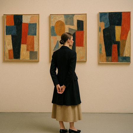 Woman standing in front of paintings in art gallery. Back view.の写真素材