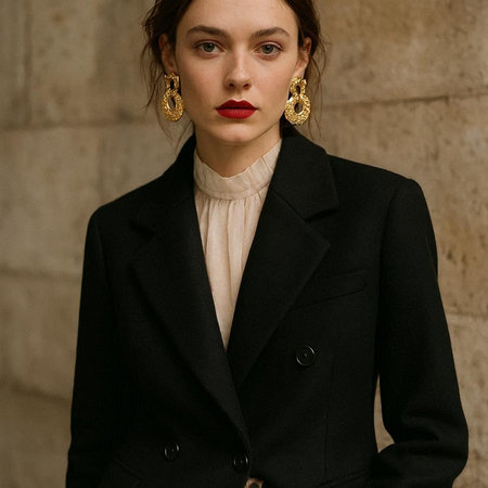 Portrait of a beautiful young woman in a black suit and earrings