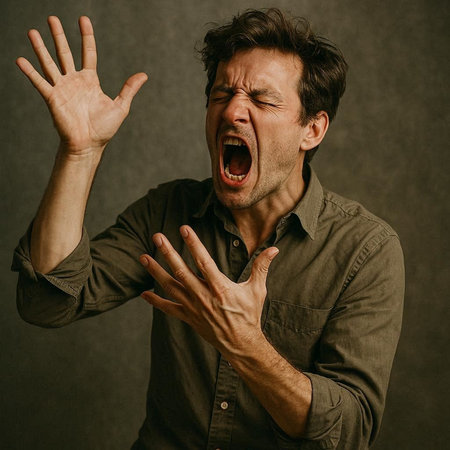 Angry man screaming with his hands up on a dark background.の写真素材