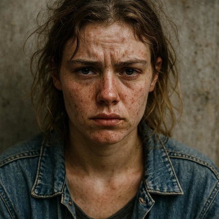portrait of freckled sad young woman with dirty face and wet hair in denim jacket looking at cameraの写真素材