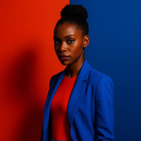Fashionable african american woman in blue coat posing against red and blue background.