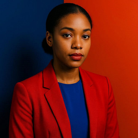Fashionable young african american woman in red jacket on colorful background