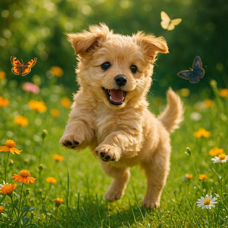 Funny puppy playing on the meadow with flowers and butterflies.の写真素材