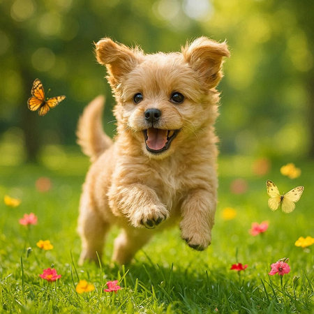 Cute little Pomeranian puppy running on the grass with butterflyの写真素材