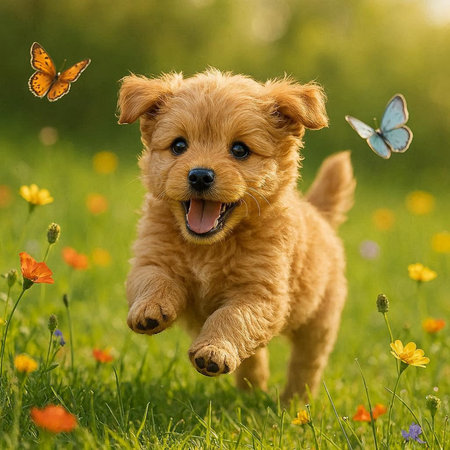 Puppy running in the meadow with flowers and butterflies.の写真素材