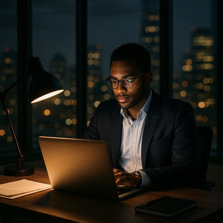 Handsome african american businessman working on laptop at nightの写真素材
