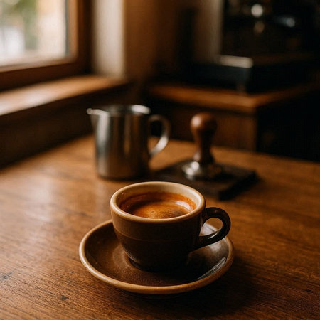 Cup of coffee on a wooden table in a cafe. Coffee backgroundの写真素材