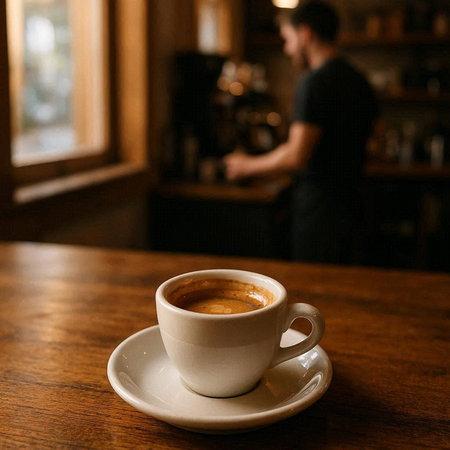 Coffee cup on a wooden table with a barista in the backgroundの写真素材