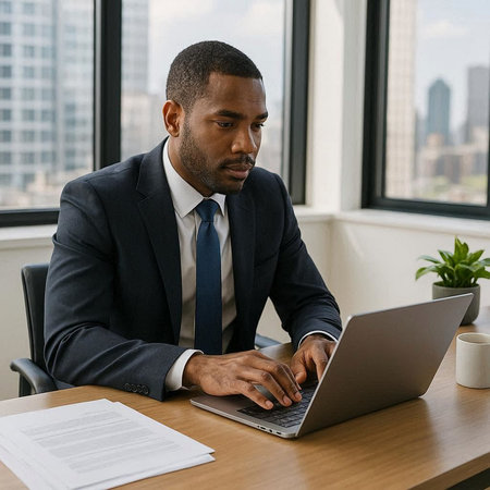 Serious african american businessman working on laptop at office desk
