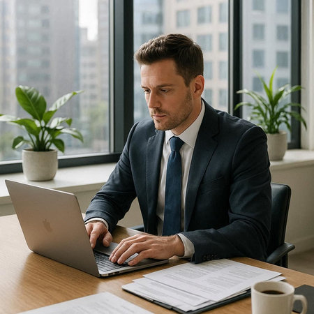 Serious businessman working on laptop while sitting at office desk in front of window
