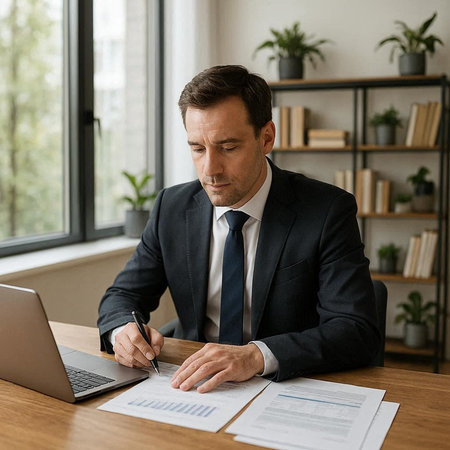 Serious mature businessman working with documents and laptop at desk in office