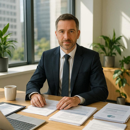 handsome mature businessman in suit sitting at table with papers and laptop in office