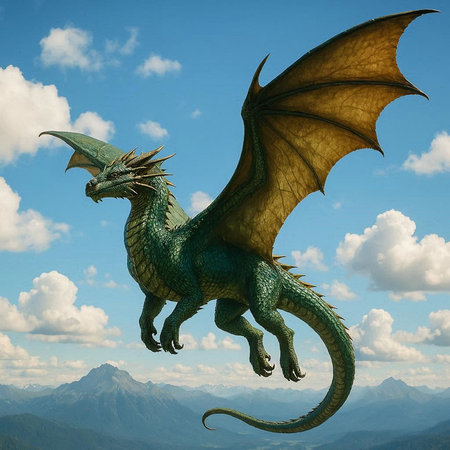Dragon flying in the blue sky. 3D render of a fantasy dragon.の写真素材