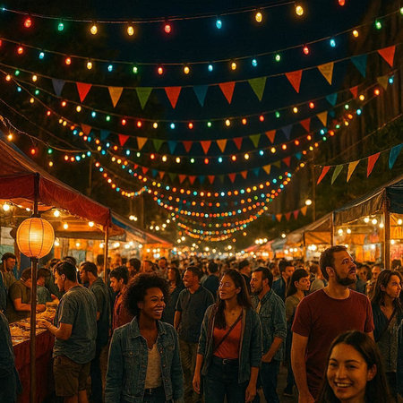 Crowded street food market at night in Prague, Czech Republicの写真素材