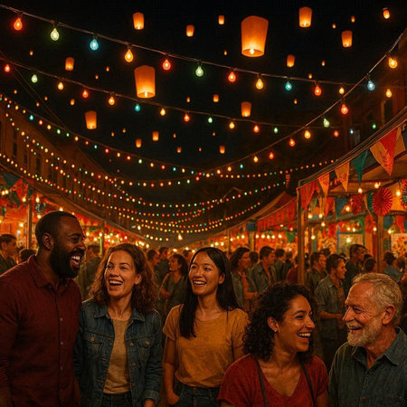 Group of people having fun at a fair in the city center.