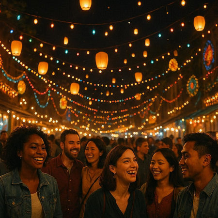 Group of friends walking in the street at night with a lanternsの写真素材