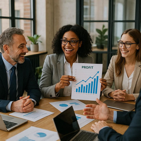 smiling businesswoman in eyeglasses pointing at financial charts during meeting