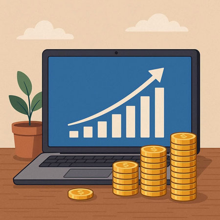 Laptop with graph on screen and pile of gold coins. Vector illustration.