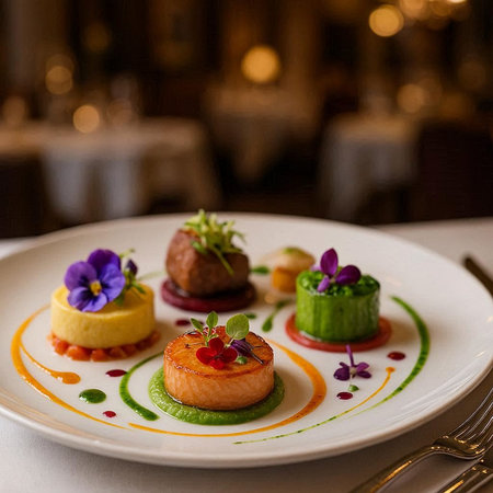 Delicious appetizer with scallops, caviar and vegetables