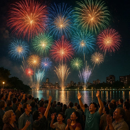 Unidentified people watch the New York City fireworks display at Hudson River.