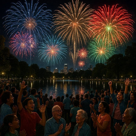 Crowds watch the New York City Fireworks at the Central Park.