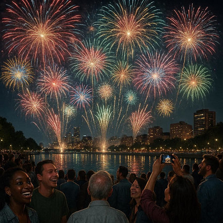 Unidentified people take a picture of the New York City Fireworks Festival 2016.