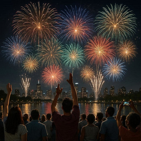 Group of people watching fireworks in Bangkok, Thailand. Happy new year conceptの写真素材