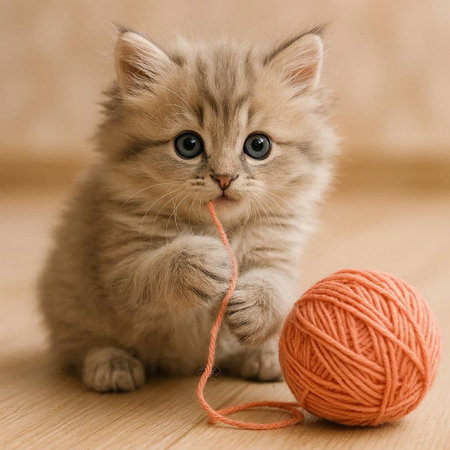 Cute little kitten playing with ball of yarn on wooden floor.