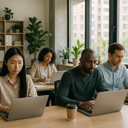 multiethnic businesspeople using laptops while sitting at table in officeの写真素材