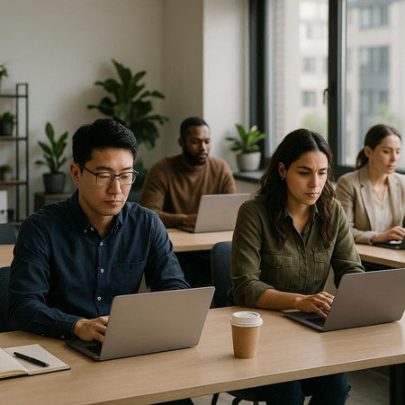 multiethnic businesspeople working with laptops and coffee to go in officeの写真素材