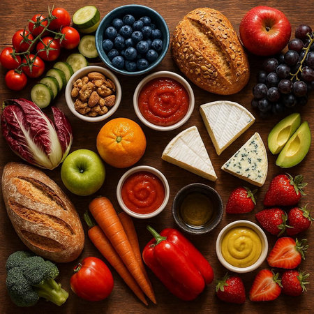 Healthy food selection on wooden background. Top view, flat layの写真素材