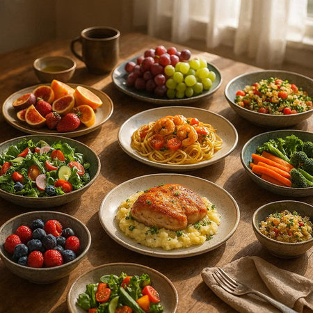 Healthy dinner table with chicken fillet, pasta, vegetables and fruits