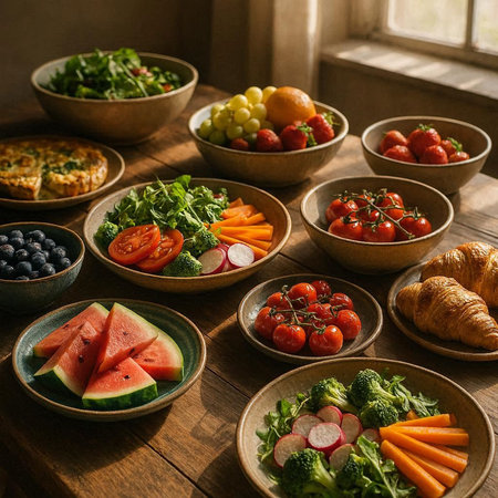 Healthy eating, dieting, vegetarian food concept. Assortment of fresh vegetables and fruits in bowls...