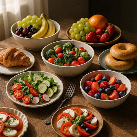 Healthy breakfast with fresh fruits and vegetables in bowls on wooden tableの写真素材