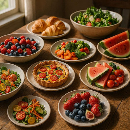 Healthy breakfast table with fruit, berries and croissants.