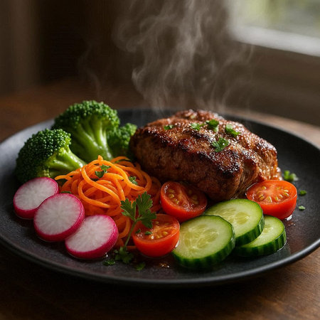 Steak with vegetables on a black plate. Selective focus.の写真素材