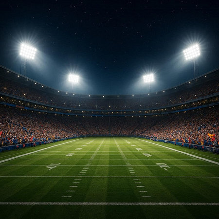 American football stadium at night with fans and lights. 3d render