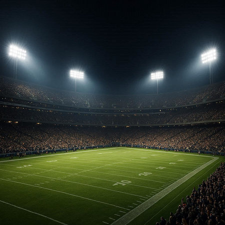 Football stadium with fans and bright spotlights at night. 3D rendering