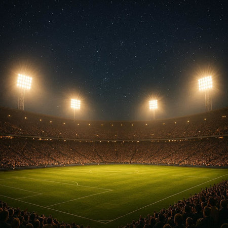 stadium with lights and crowd of people at night. 3d renderingの写真素材