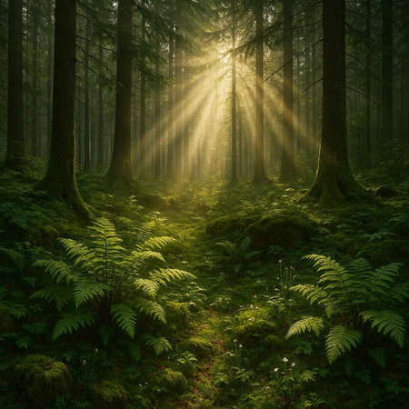 Fantastic green forest with sunbeams and fernsの写真素材