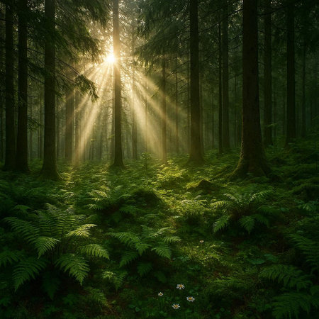 Fantastic foggy forest with ferns and sun raysの写真素材