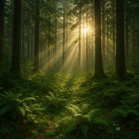 Morning in the forest with sunbeams and ferns.の写真素材