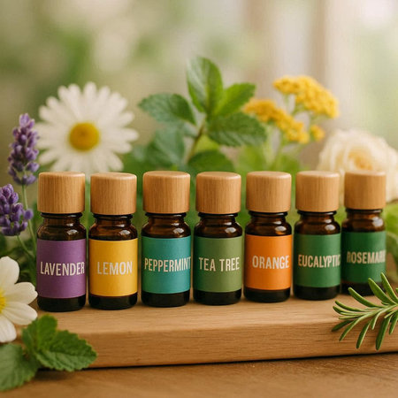 Essential oil in small bottles with fresh mint leaves and flowers.