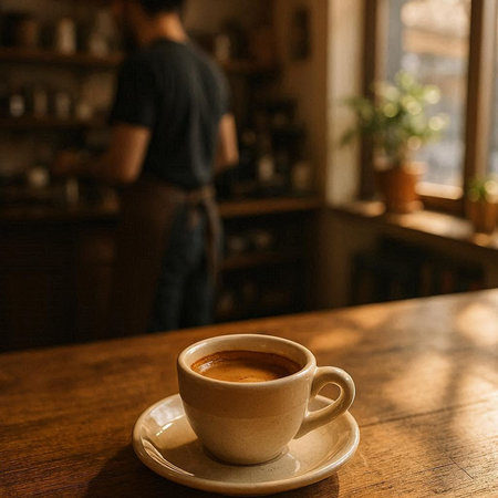 Coffee cup on wooden table in cafe. Coffee shop background