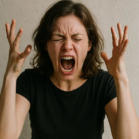 angry woman screaming and screaming in black t-shirt on white backgroundの写真素材
