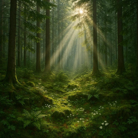 Mysterious evergreen forest with sunbeams shining through the treesの写真素材