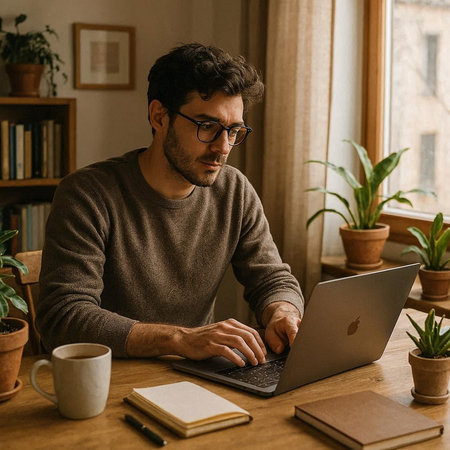 handsome young man in eyeglasses using laptop while working at home